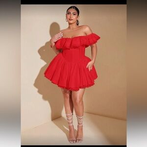 SHEIN BAE Plus Size Ruched Lace Trim Off Shoulder Elegant Pleated Dress